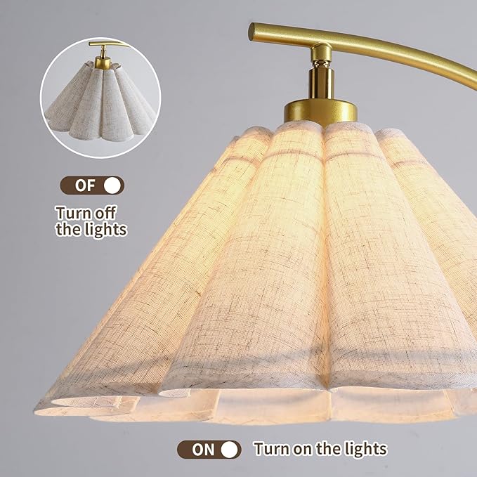 Omlaamy Floor Lamp with Pleated Linen Lampshade, Modern Flower Floor Lamp for Living Room Arc Standing Lamp, Gold Tall Lamp for Bedroom Office Dining Room, Bulb Included (Gold + Flax Color, 66.14IN)