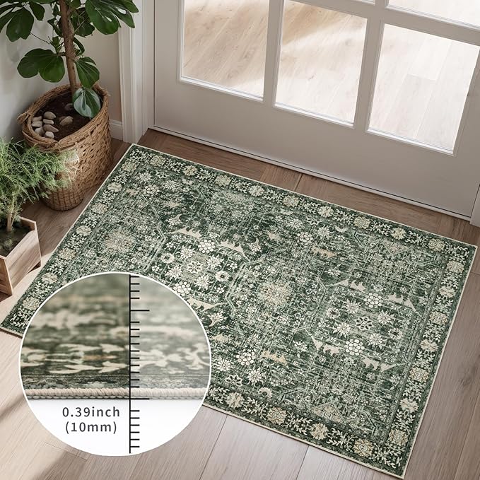 Dotiiorug Area Rug 8×10 Washable Rugs for Bedroom, Vintage Floral Rug Soft Non Slip Stain Resistant Carpet for Living Room Dinning Room Kitchen Home Office Green Black