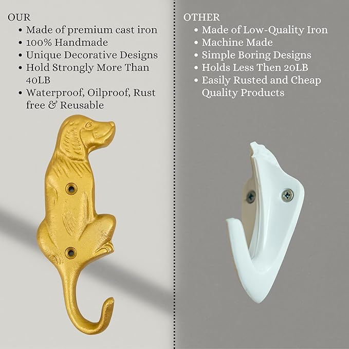 Set of 3 Cast Iron Dog Shape Coat Hooks Wall Art Decor-Dog Shape Hangers and Key Holder-Clothes Rack and Backpack Hanger-Coat Hooks Home Decor for Storage, Living Room,Hallway (Gold Finish)