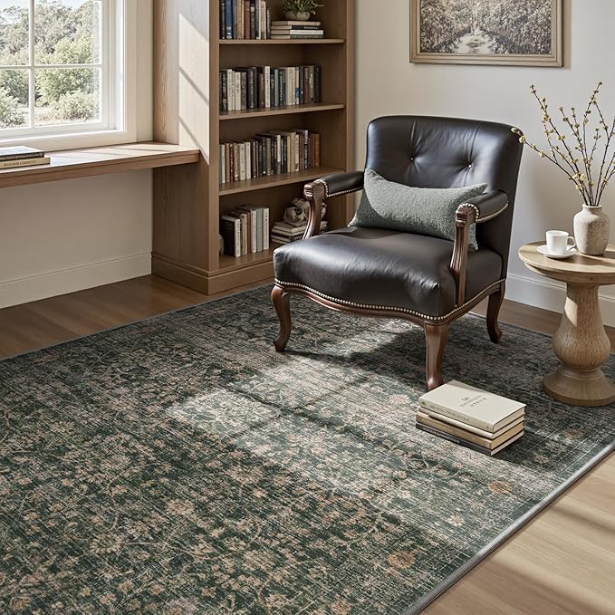 MontVoo-Vintage Area Rug 3x5 Green Rugs for Living Room-Soft Distressed Printed Rugs for Bedroom-Non Slip Carpet-Machine Washable Rug for Dining Room Living Room Bedside Office
