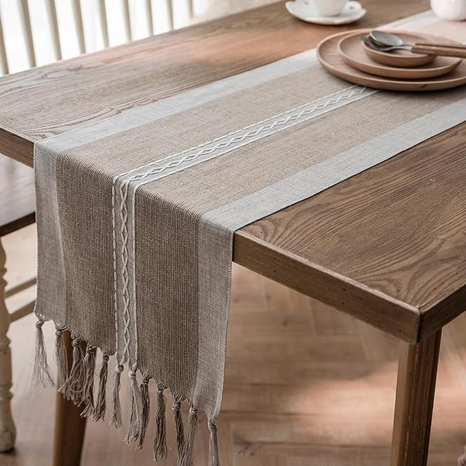 Niviy Farmhouse Table Runner, Embroidered Striped Braided Coffee Boho Table Runner, Cotton Linen Farmhouse Table Decoration for Holiday Party 12 x 36 Inches