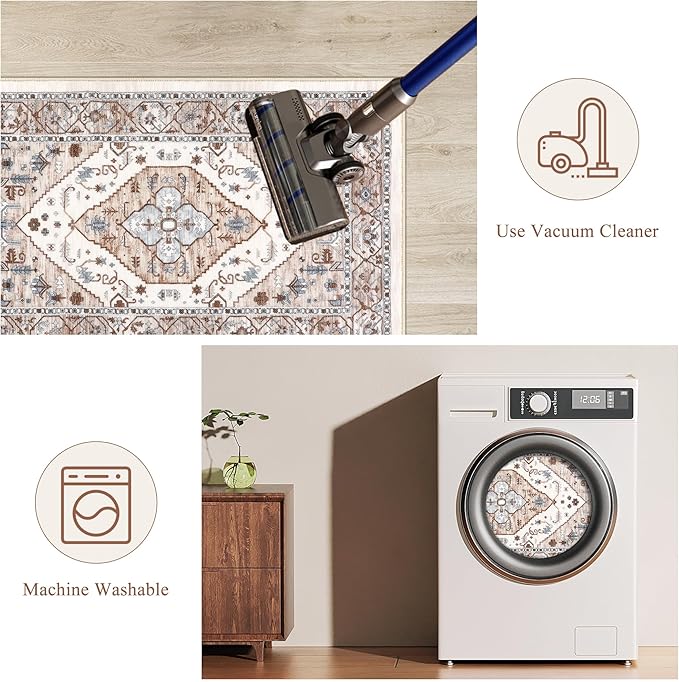 Pauwer Kitchen Rugs Sets of 3 Non Slip Washable Kitchen Mats for Floor Farmhouse Kitchen Floor Mat Runner Rug Boho Kitchen Sink Rug Carpet for Kitchen Hallway Laundry Room, Beige