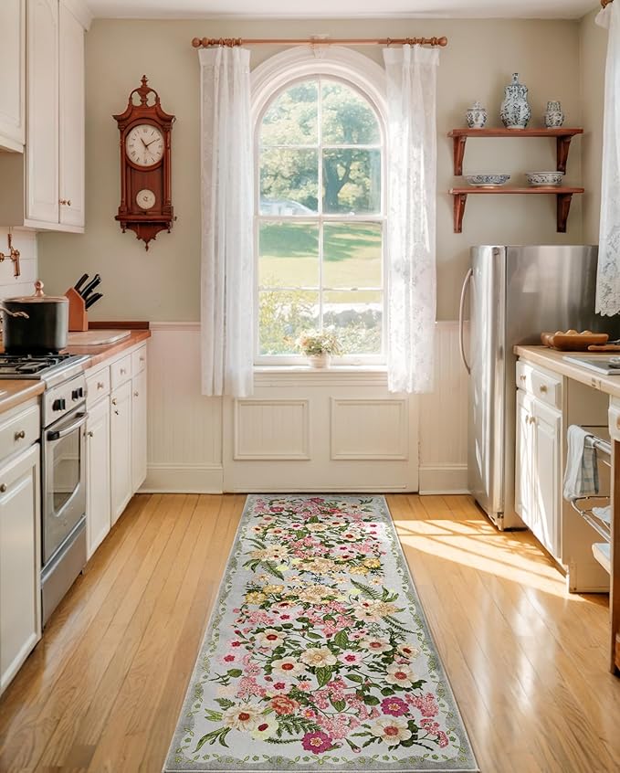 AREAMAY Floral Runner Rug 2x6 - Washable Vintage Kitchen Rug Low Pile Non-Slip Carpet for Entryway Hallway, Laundry, Bedroom - Soft, Stain Resistant Indoor Area Rug - Grey