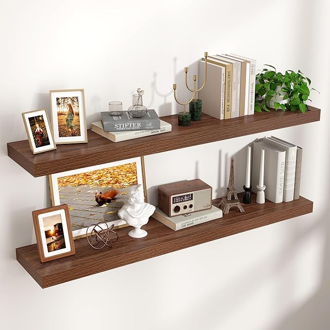 Floating Shelves for Wall 48"W x 9"D x 1.5"H, Long Engineered Wood Wall Shelves with Invisible Brackets for Living Room Bedroom Bathroom Office Kitchen Decor and Storage, Walnut Finish, Set of 2