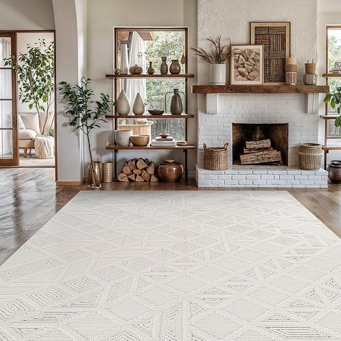 Luul Home Modern Micro Loop Indoor Area Rugs for Living Room Bedroom Kitchen Geometric Square White 5x7 Luxury Durable Low and High Pile Non-Shedding Stain Resistant Soft Area Carpet 5 x 7