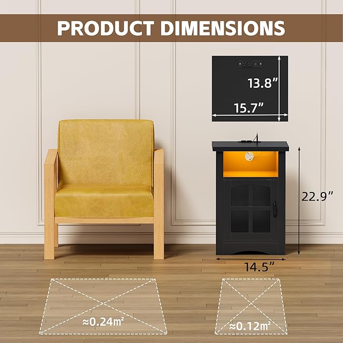 JUMMICO End Table with Charging Station and LED Open Shelf & Glass Door Cabinet, Farmhouse Nightstand with 20W Fast Charge, Side Table for Living Room (1,Black)