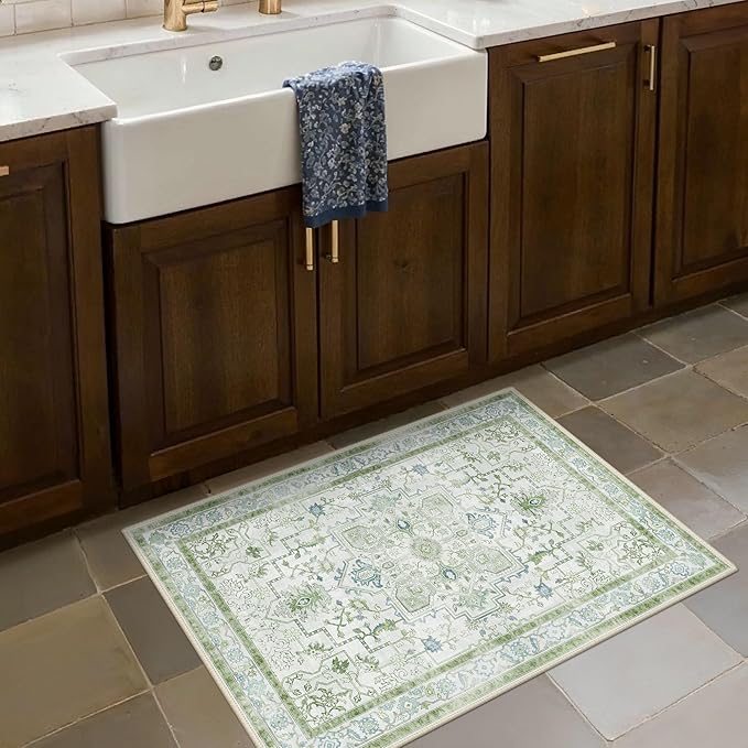 BESBLEE Area Rug 2x3 Doormat, Machine Washable Low Pile Vintage Rugs, Small Lightweight Rug Entryway Indoor Mat for Entrance, Hallway, Kitchen and Corridor, Cream Green