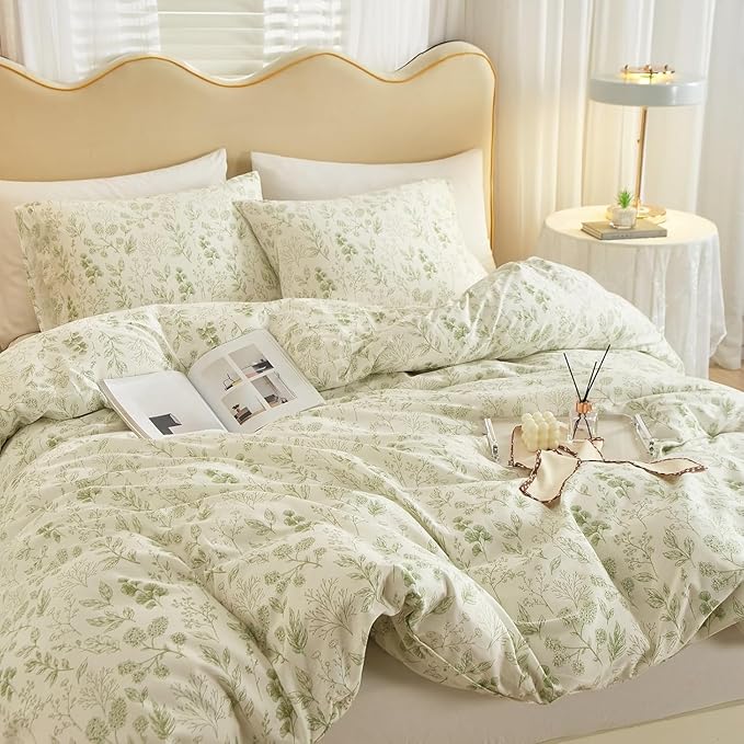Vintage Boho Floral Duvet Cover Twin White Green Floral Print Bedding Set Cotton Botanical Floral Comforter Cover Garden Flowers Aesthetic Bedding Cover Boho Style Twin Duvet Cover with Zipper Closure