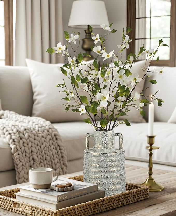 Hollyone Large Vintage Ceramic Vase with 2 Handles, 9.1" Tall Gold-Toned Antique Rustic Decorative Floral Grey Vases for Flowers Home Table Centerpiece Shelf Living Room Entryway Farmhouse Decor