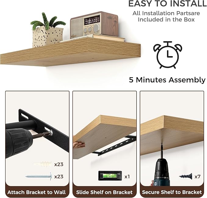 Floating Shelves for Wall, Engineered Wood Wall Shelves with Invisible Brackets for Living Room Bedroom Bathroom Office Kitchen Decor and Storage (Oak, 48" W x 9" D x 1.5" H) Set of 2