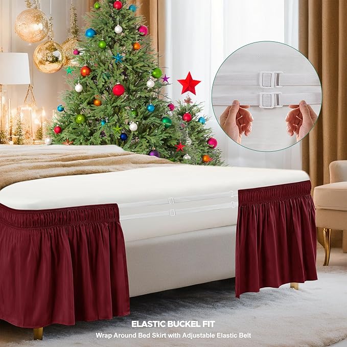 Biscaynebay Wrap Around Bed Skirts for Full & Full XL Beds 15" Drop, Burgundy Adjustable Elastic Dust Ruffles Easy Fit Wrinkle & Fade Resistant Silky Luxurious Fabric Machine Washable