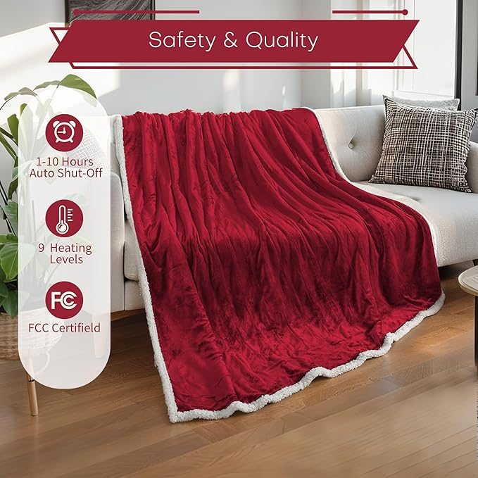 LUXIAN Electric Heated Blanket Twin Size 62"x84" - Microplush & Sherpa Fabric Dual-Sided, 9 Heat Settings & 1-10 Hours Auto Off, Cozy Warming Throw for Home, Office, or Bed, Machine Washable，Wine Red