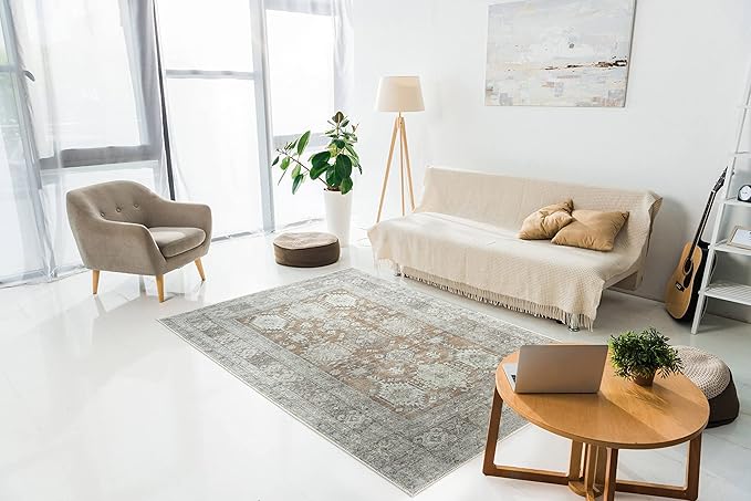 RugOver Machine Washable Area Rug, Pet-Friendly and Non-Slip Indoor Carpet for Kitchen, Bathroom, Living Room, Home Floor Decoration(Ivory/Walnut, 3' x 5')