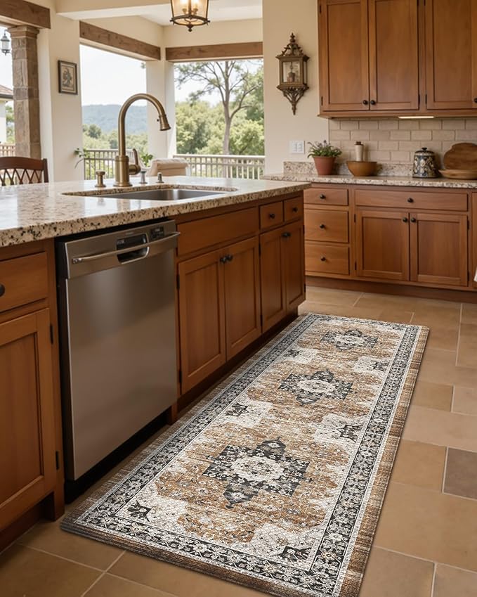 DEXI Kitchen Floor Mats Cushioned Anti Fatigue, 23x59 Long Wide Standing Comfort Runner Rug, Waterproof Retro Floral Memory Foam Padded for Front Sink Laundry, Brown/White