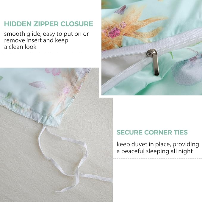 JSD Green Floral Duvet Cover Set Queen Size, 3 Piece Botanical Printed Microfiber Comforter Cover with Corner Ties Zipper Closure