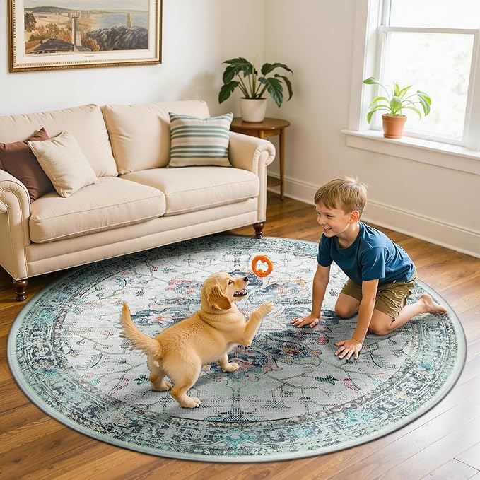 RELEANY Area Rugs 6ft Washable Non-Slip, Floral Vintage Distress Print Pattern Medallion Carpet for Living Room Bedroom Dining Room, Green Navy Blue White Red Teal Colorful