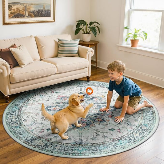 RELEANY Area Rugs 6ft Washable Non-Slip, Floral Vintage Distress Print Pattern Medallion Carpet for Living Room Bedroom Dining Room, Green Navy Blue White Red Teal Colorful