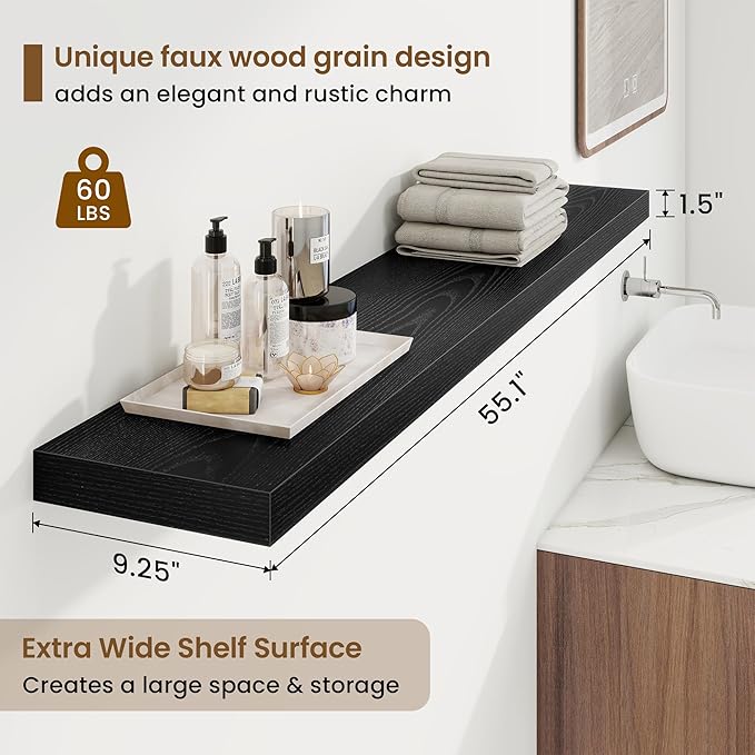 55in Floating Shelves for Wall, 55"W x 9.25"D x 1.5"H, Long Wall Mounted Engineered Wood Shelves with Invisible Brackets for Living Room, Bedroom, Bathroom, Kitchen Decor and Storage, Black