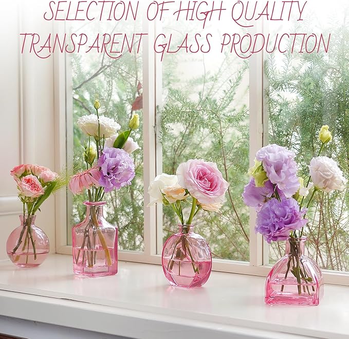 Pink Vase, Bud Vases Set of 24, Small Pink Glass Vases for Flowers Wedding Flower Vase in Bulk Modern Glass Bud Vase for Decor Home Centerpieces Table Flower Decor