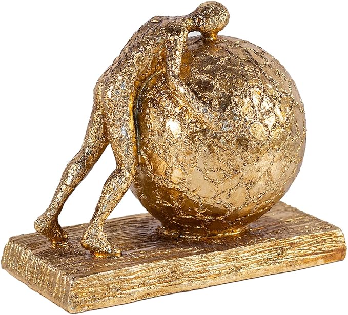 Art Deco Gold Sphere Sculpture, Struggler Figurine Decor, Ball Lifting Sculpture, Creative Ornament for Office Living Room, Resin 9in