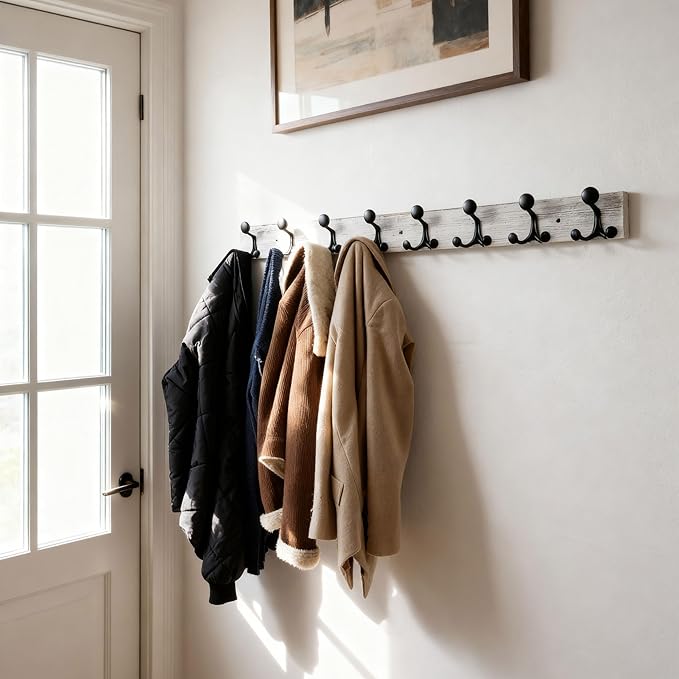 SKOLOO 43-Inch Wood Coat Rack Wall Mount with 8 Triple Hooks - Ideal for Family Entrances, Classrooms, and Pet Supplies Storage - Perfect Coat Hooks for Wall,Distressed White Wash, Pack of 2