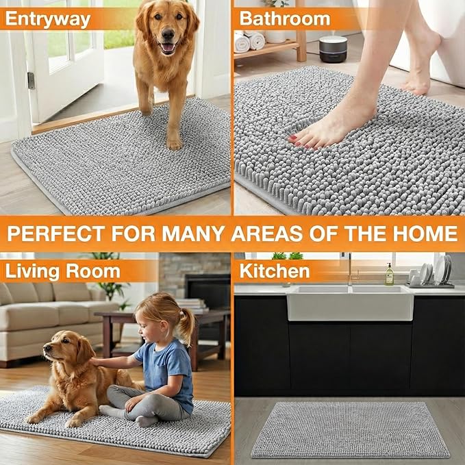 Neater Pets Chenille Dog Door Mat 30” x 20” – Super Absorbent & Quick-Dry Muddy Paws Doormat for Trapping Dirt, Water, Mud - Non-Slip & Machine Washable Pet Rugs for Entryway, Indoor Mud Mats, Gray