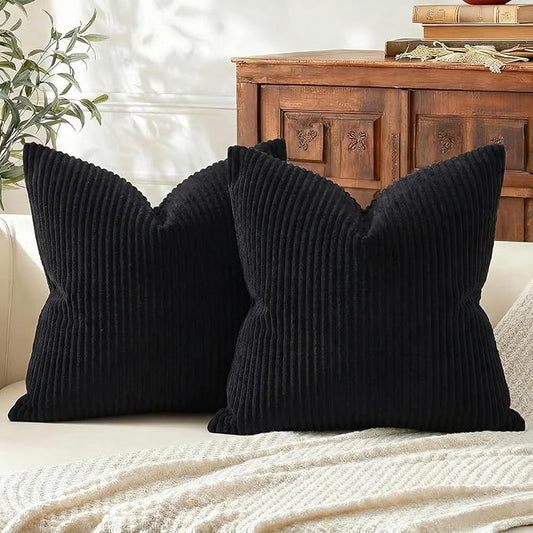 Mecatny Corduroy Decorative Throw Pillow Covers 26x26 Set of 2 for Sofa Living Room, Soft Neutral Boho Couch Pillow Covers for Home Decor, Black