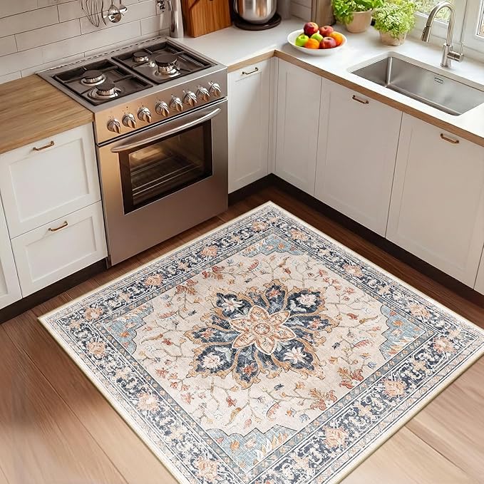 RELEANY Area Rugs Square 4ft Washable Non-Slip, Floral Vintage Distress Print Pattern Medallion Carpet for Living Room Bedroom Dining Room, Beige Navy Blue Orange Colorful