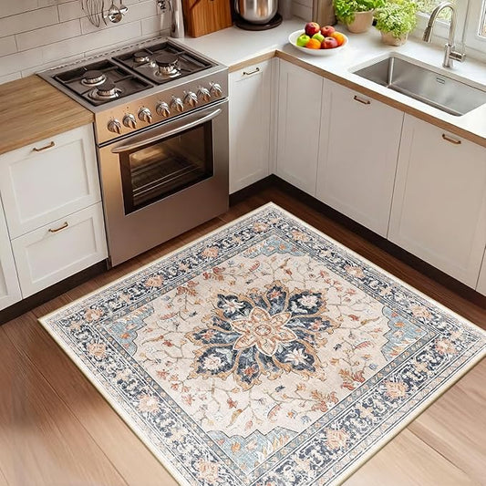 RELEANY Area Rugs Square 4ft Washable Non-Slip, Floral Vintage Distress Print Pattern Medallion Carpet for Living Room Bedroom Dining Room, Beige Navy Blue Orange Colorful