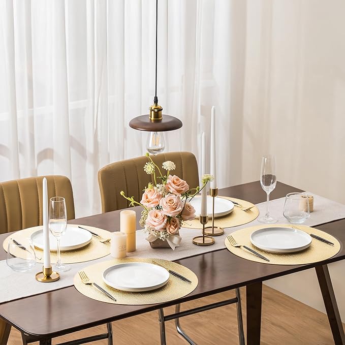 Jovono 15" Faux Leather Big Round Placemats Set of 6 - Washable Heat Resistant Non-Slip Dining Table Mats with Fabric Texture for Kitchen Home Party Wedding Decor, Gold