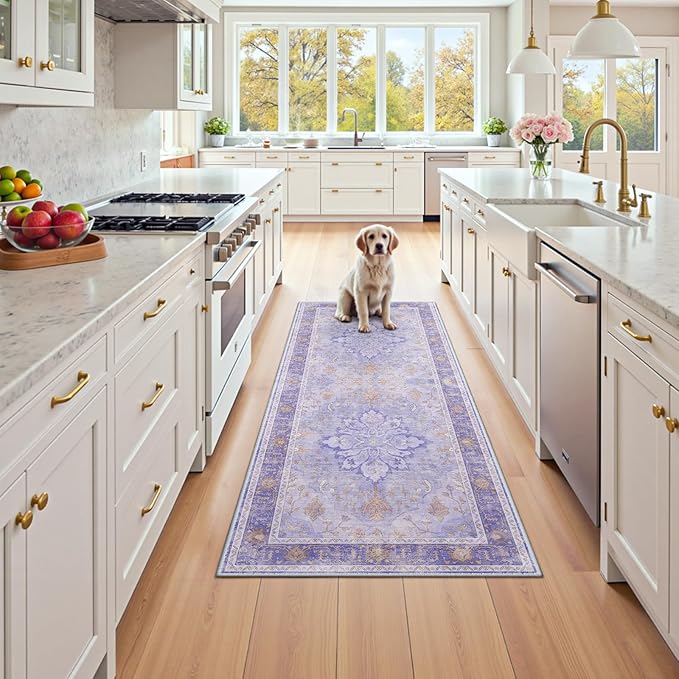 RELEANY Area Rugs 2'x6' Washable Non-Slip, Floral Vintage Distress Print Pattern Medallion Carpet for Living Room Bedroom Dining Room, Light Purple Brown