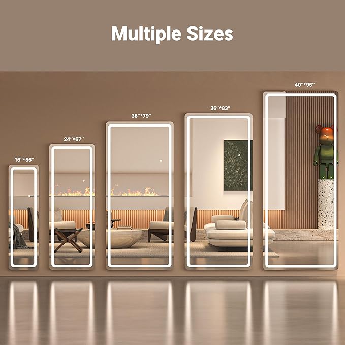 Full Length Mirror with Lights, 56" x 15.8" LED Lighted Floor Standing Body Mirror, Dimmable & 3 Color Lighting for Bedroom, Cloakroom, Dressing Room, Tempered Glass, White