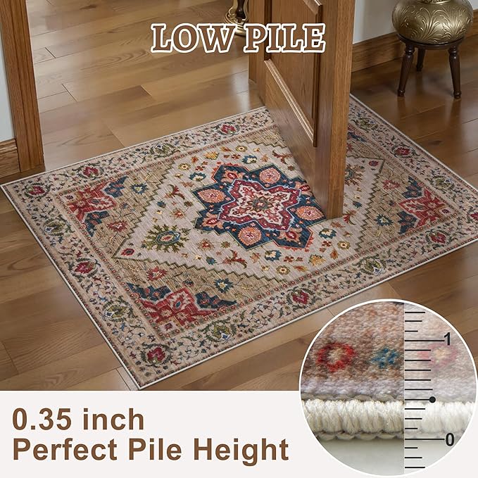 Tangsoo 3x5 Washable Rug, Vintage Rugs Indoor Area Rugs, Boho Non Slip Accent Rug Carpet, Soft Low Pile Rugs for Living Room Dorm Bedroom Bedside Entryway Bathroom Home Decor Beige