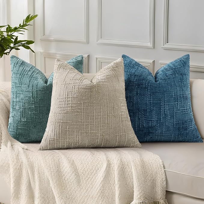 decorUhome Spring Navy Blue Chenille Throw Pillow Covers 18x18 Set of 2 Textured Slubby Couch Pillow Covers Farmhouse Accent Modern Neutral Decorative Pillow Cases for Bed Sofa Living Room