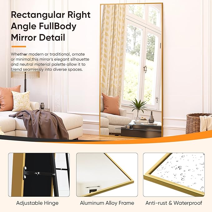 Suidia Full Length Mirror, 58"x18" Floor Standing Mirror Freestanding, Full Body Mirrors with Stand for Bedroom, Hanging Mounted for Living Room Cloakroom, Gold, Rectangular Style