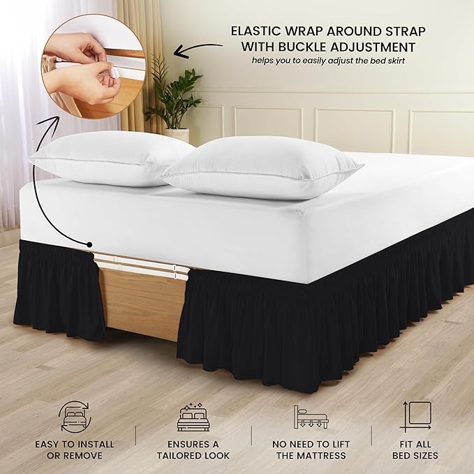Utopia Bedding Queen Elastic Bed Ruffle - Easy Wrap Around Ruffle - Microfiber Bed Skirt with Adjustable Elastic Belt 16 Inch Tailored Drop - Hotel Quality Bedskirt, Fade Resistant (Queen, Black)