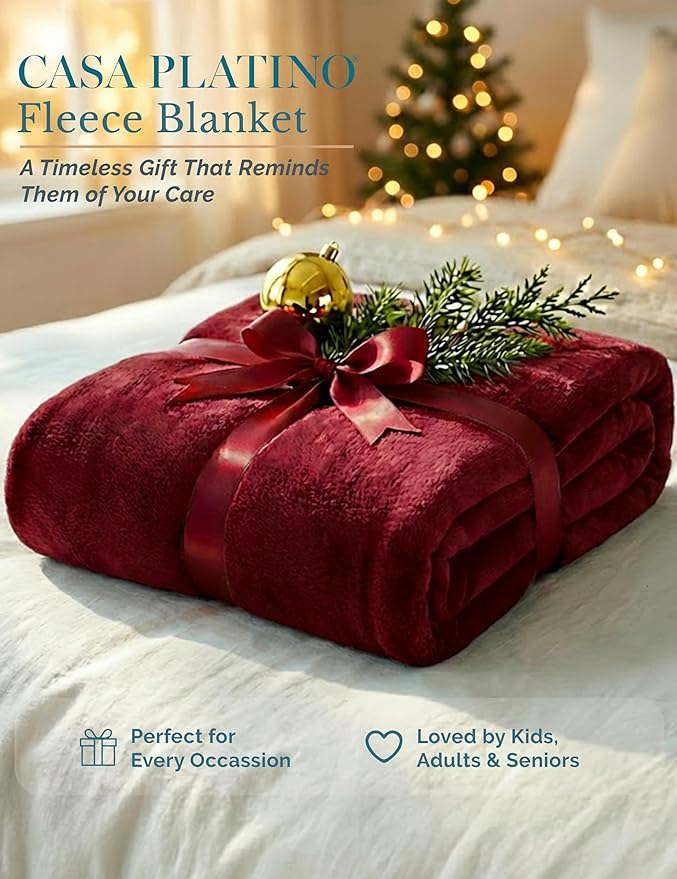 Casa Platino Fleece Blanket Twin Size – 300 GSM Dark Red Fleece Throw for Bed or Couch – Soft Cozy Warm Winter Blanket for Bed, Fuzzy Plush Elegant for Kids, Men & Women - 68x90 Inch