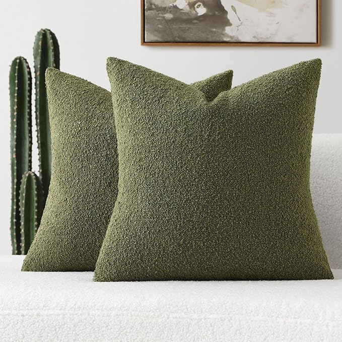 FUTEI Pack of 2 Moss Green Decorative Throw Pillow Covers 20x20 Inch Soft Cozy Solid Boucle Textured Cushion Case,Modern Home Decor for Couch Bed Living Room
