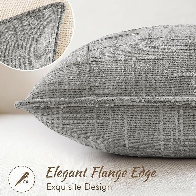 decorUhome Chenille Throw Pillow Covers 16x16 Set of 2, Thick Textured Slubby Neutral Decorative Pillow Covers with Elegant Design for Couch, Sofa, Living Room, Neutral Grey