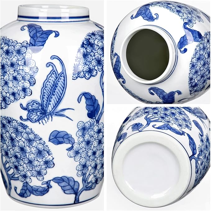 Blue and White Ceramic Vase, 8.4 Inch Hydrangea Decorative Flower Vase for Living Room Dining Table Centerpieces Bookshelf Farmhouse Chinoiserie Style Home Décor