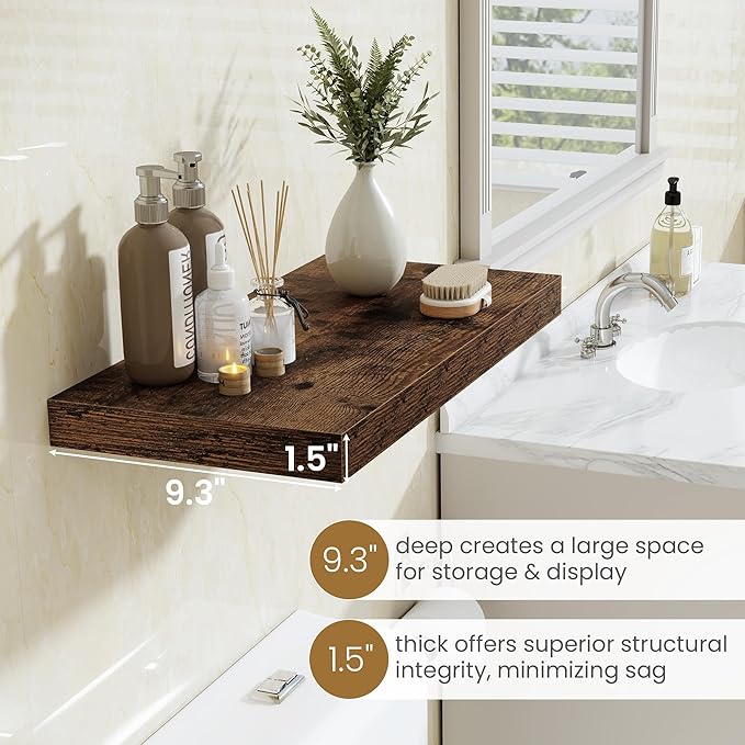 48"W x 9.3"D Floating Shelves for Wall, Wall Mounted Bathroom Shelves 1 Pack Deep Floating Shelf for Bedroom Kitchen Living Room, Rustic Wooden Wall Shelf with Invisible Bracket for Books Decor