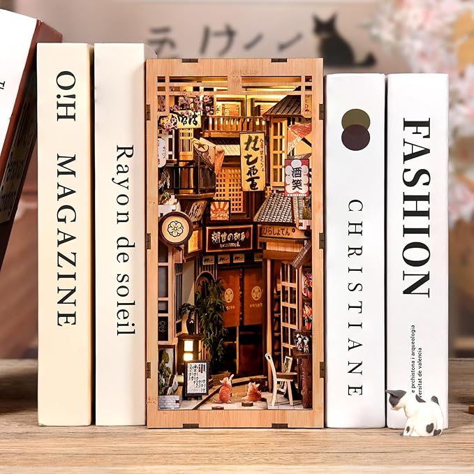 DIY Book Nook Kit - Japanese DIY Miniature House Kit for Adults,Dollhouse Kit 3D Wooden Puzzle Bookend Diorama Insert Decor,Gifts for Family Friends (The Alley Waiting for The Cat)