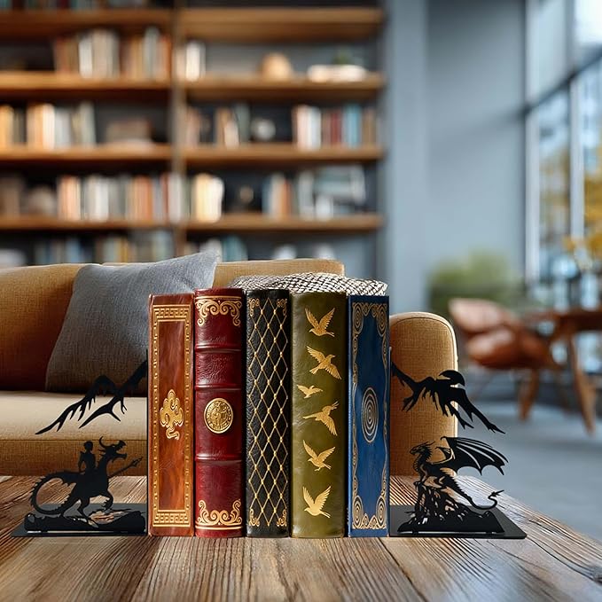 Dragon Bookends – Metal Book Ends Decorative for Shelves, Unique Fantasy Book Ends Holder, Cute Novelty Vintage Bookends, Bookshelf Decor Heavy Duty Stopper for Kids and Adults