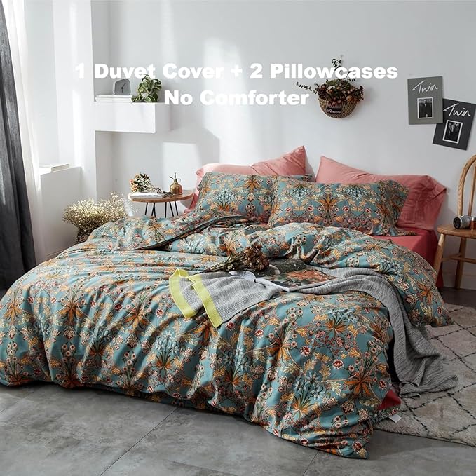 Vintage Style Boho Floral Duvet Cover Queen Percale Cotton Comforter Cover Medallion Paisley Print Bedding Set Vibrant Bohemian Flower Comforter Cover Boho Farmhouse Duvet Quilt Cover with Zipper Ties