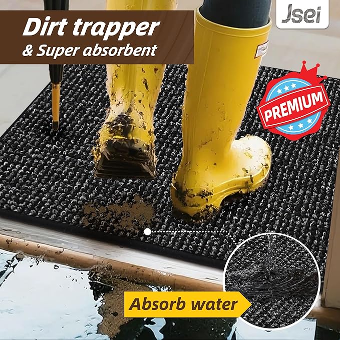 JSEI Dirt Trapper Door Mat 24"x36" Non-Slip Washable Entrance Mat, Dog Doormats, Absorbent & Fade-Resistant Floor Mats, Low Profile Welcome Mats for Entryway, Front Door, and Inside Entrance, Black