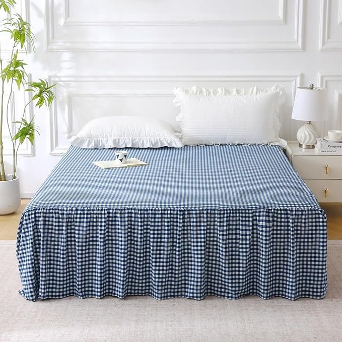 Silnuo Navy Blue/White Plaid Bed Skirt Washed Cotton Vintage Gingham Checkered Dust Ruffle Queen Size 14" Bedding(1 Bed Skirt Only)
