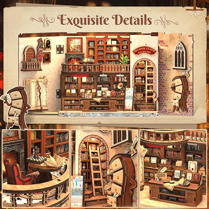 CUTEFUN DIY Book Nook Kit, 3D Puzzle Creative British Library Bookend Bookshelf Decor for Adults Teens, Magic Bookshop Miniature Kit with LED & Dust Cover, Gifts for Book Lovers (Thames Bookstore)
