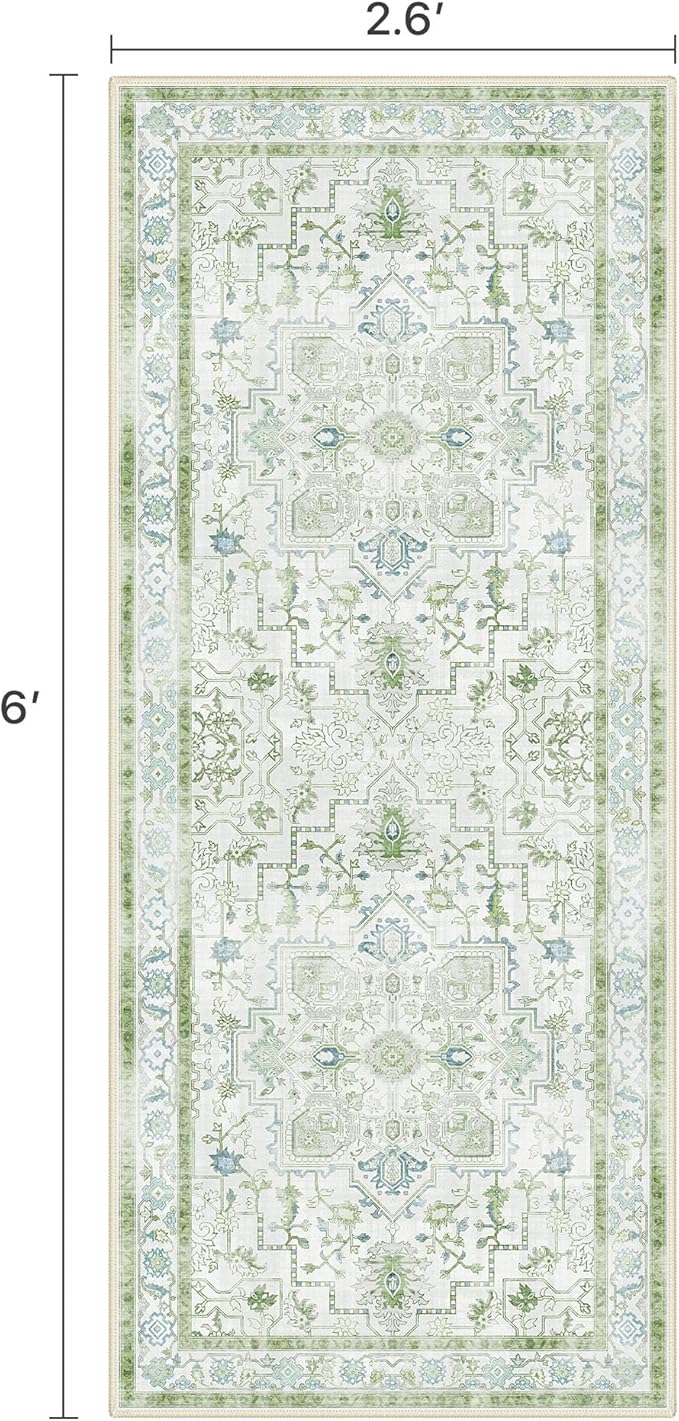 BESBLEE Runner Rug 2'6''x6 Non Slip Machine Washable Vintage Hallway Runner Rug, Low PileLight Weight Rugs for Entryway, Hallway, Kitchen and Corridor, Cream Green