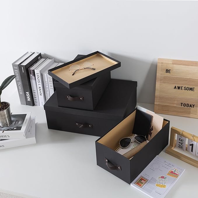 Soul & Lane Decorative Storage Boxes with Lids - Set of 3 (One Large and Two Medium), Sturdy Cardboard Organizers for Photos, Versatile Boxes with Handles for Office & Home, Dark Gray