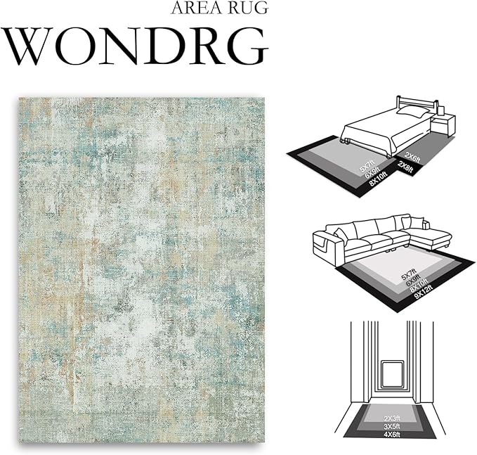 WondRg 5x7 Washable Area Rug Teal Beige Abstract Living Room Bedroom Carpet Neutral Modern Non-Slip Soft Low Pile Lightweight Vacuumable Throw Rug for Dining Room Entryway
